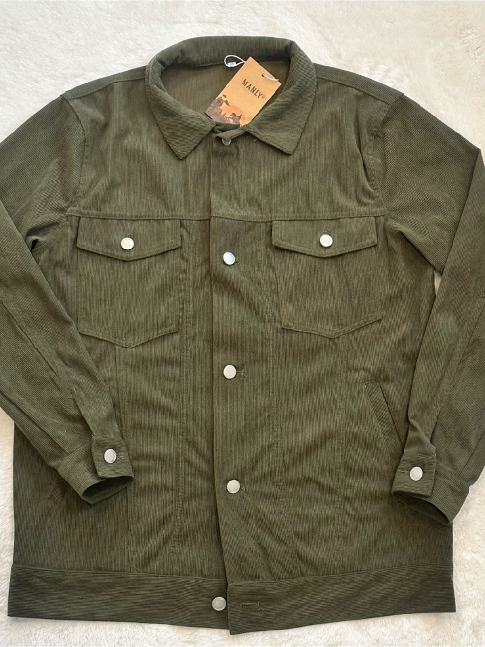 Manly Trucker Jacket Olive Button Front Collared Mid-Length Men's Size M